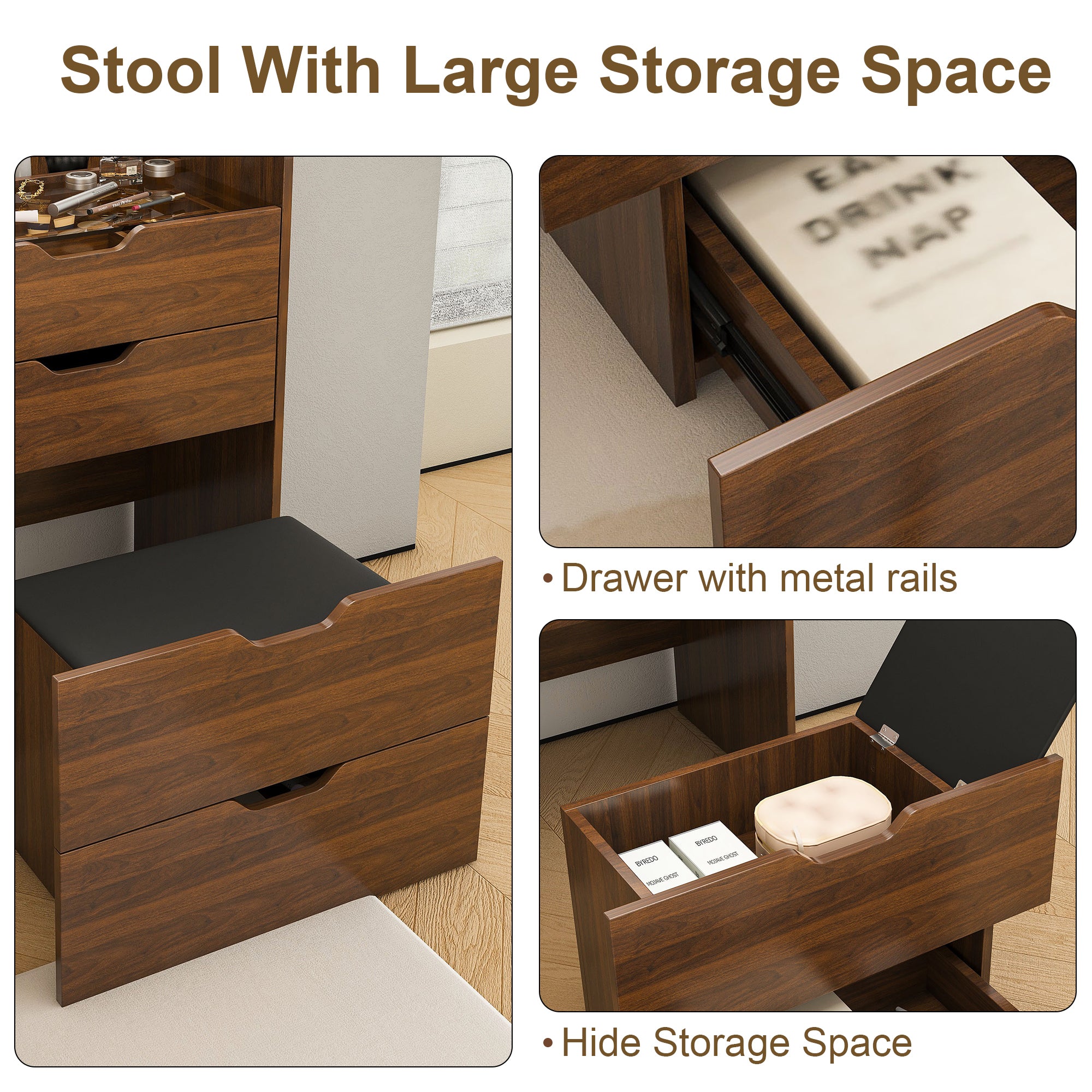 3-in-1 Vanity Desk with Lighted Mirror & Stool, Flip Top Makeup Dressing Table in Walnut Finish, Compact Storage for Bedroom, Bathroom, Dressing Room, 23.62'L - Grand Goldman Shop