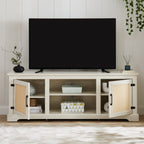 Farmhouse Rattan TV Stand Console Table for TVs up to 70 Inches, TV Console Table with 2 Storage Shelves, 2 Natural Rattan Door Cabinets,65'W*15.55'D*23.86'H, White - Grand Goldman Shop