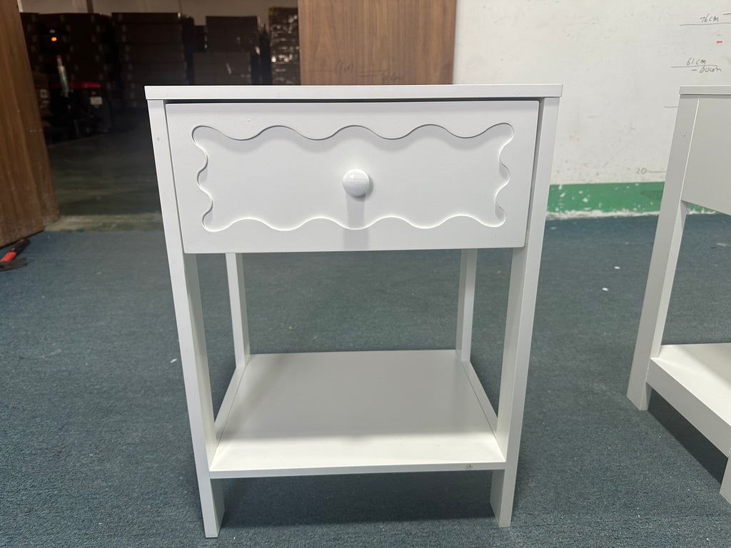 White Nightstand with Drawer and Open Shelf, Modern Wave Pattern Bedside Table, Solid Wood Frame End Table for Bedroom, Living Room, Small Spaces - Grand Goldman Shop