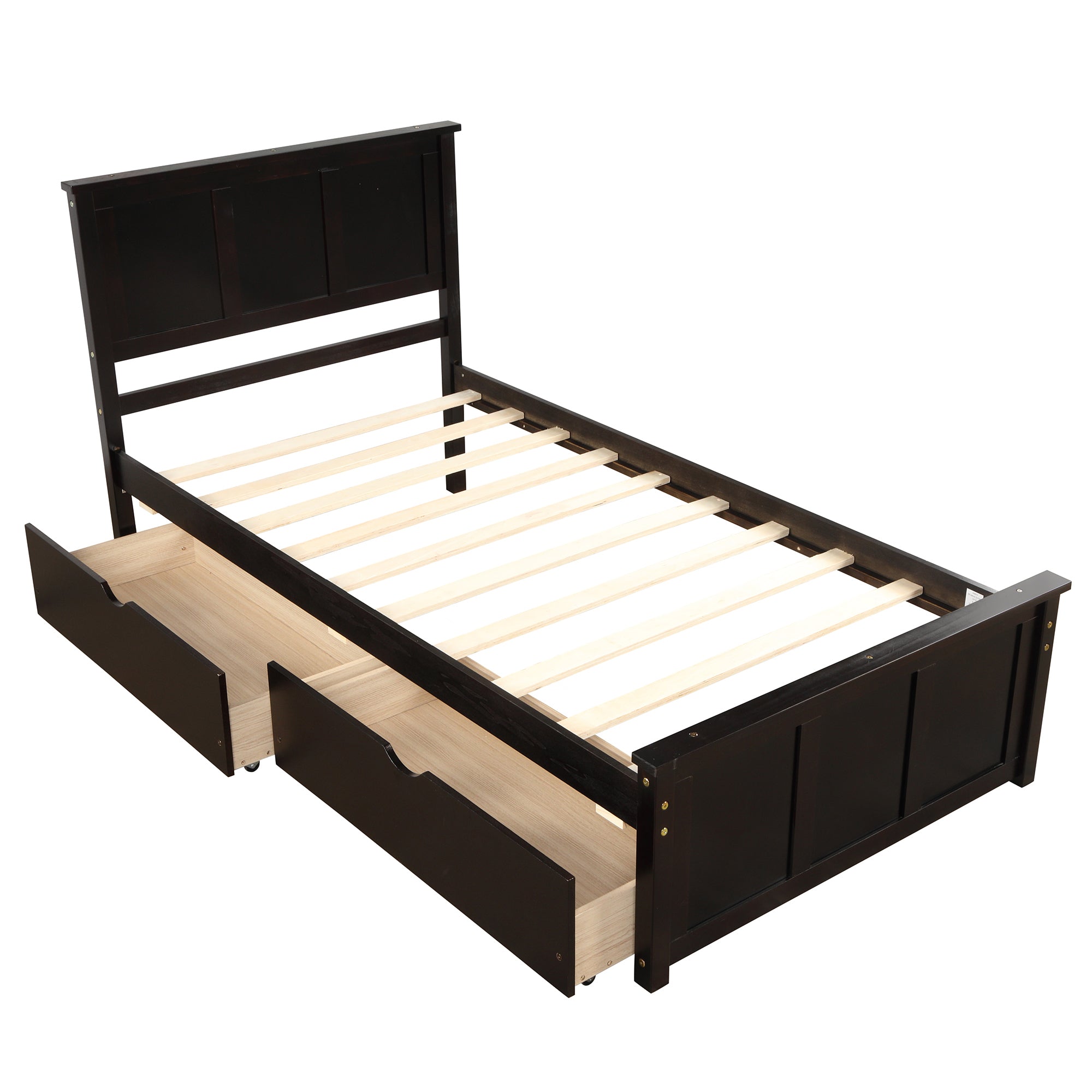 Espresso Platform Storage Bed with 2 Wheel-Base Drawers, Twin Size Frame, Pine Wood and MDF Construction - Grand Goldman Shop