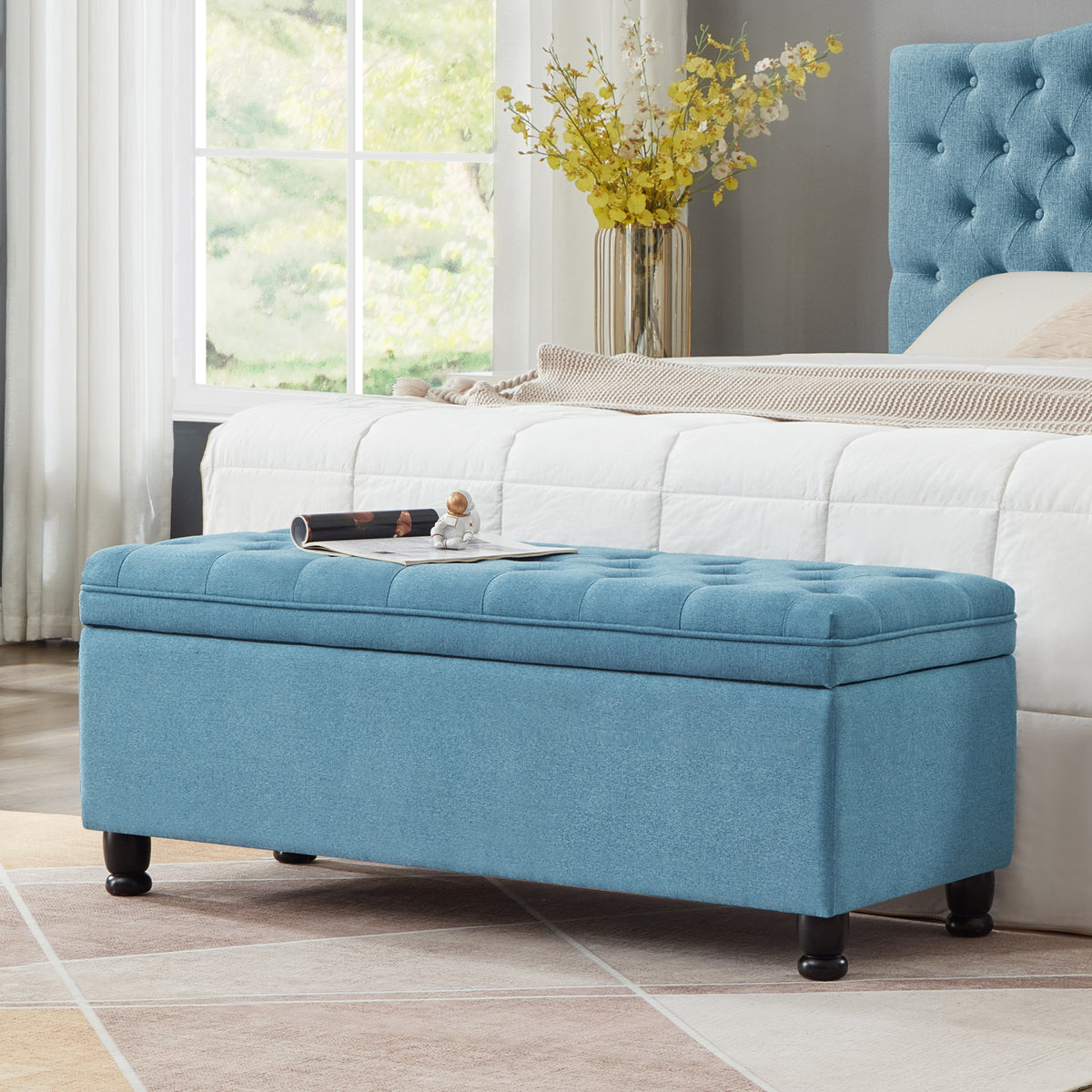 Upholstered tufted button storage bench ,Linen fabric entry bench with spindle wooden legs, Bed bench- Light Blue - Grand Goldman Shop