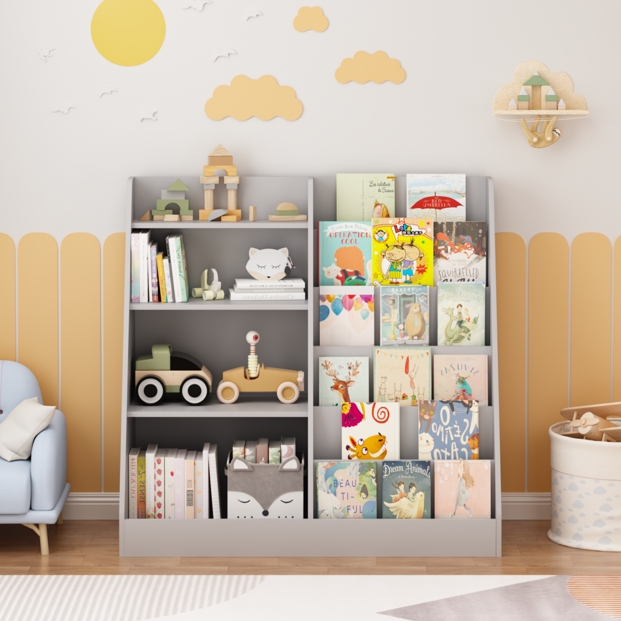 Kids Bookshelf and Toy Storage Organizer, Multifunctional 4 Tier Wooden Kids Book Shelf with  Bookcase Display Stand in Kids 