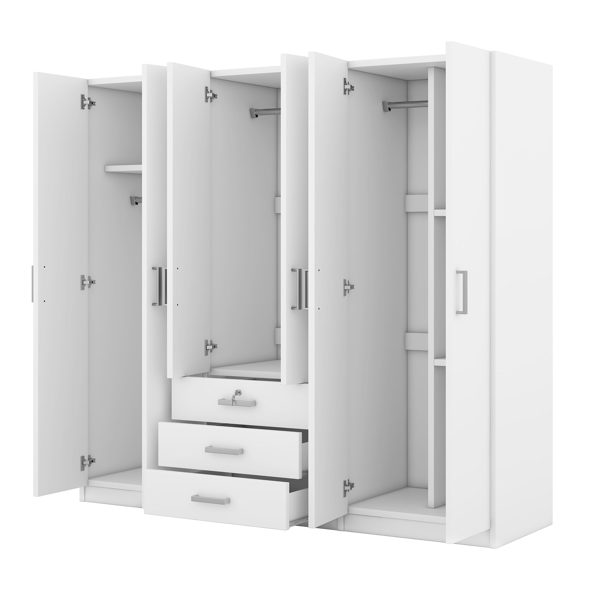 6-Doors Wooden Wardrobe Storage for Bedroom, with Big Drawers, White - Grand Goldman Shop