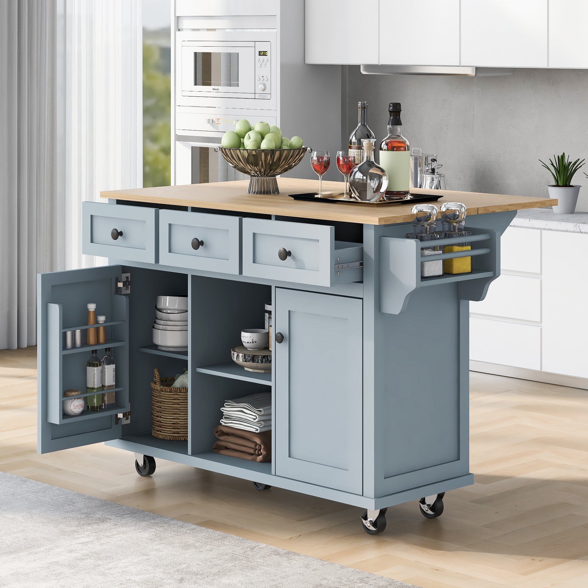 Kitchen Cart with Rubber wood Drop-Leaf Countertop ,Cabinet door internal storage racks,Kitchen Island on 5 Wheels with Storage Cabinet and 3 Drawers for Dinning Room, Grey Blue - Grand Goldman Shop