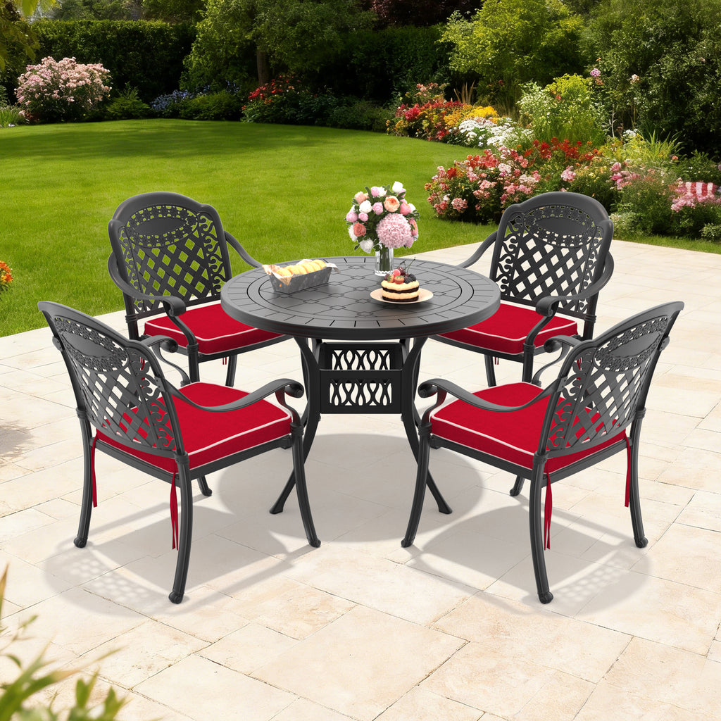 5-Piece Set Of Cast Aluminum Patio Furniture With Black Frame and Red Seat Cushions