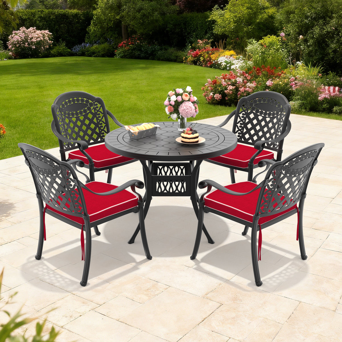5-Piece Set Of Cast Aluminum Patio Furniture With Black Frame and Red Seat Cushions