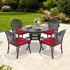 5-Piece Set Of Cast Aluminum Patio Furniture With Black Frame and Red Seat Cushions