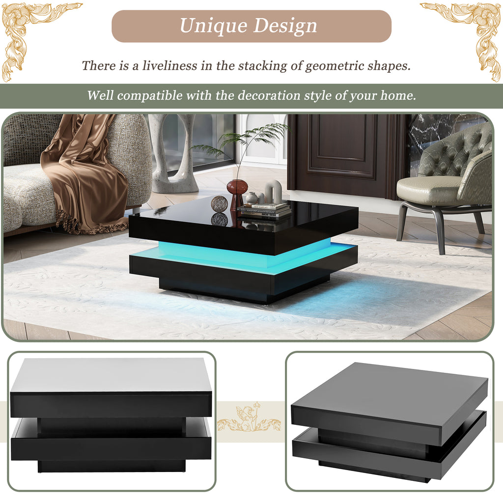 ON-TREND High Gloss Minimalist Design with LED Lights, 2-Tier Square Coffee Table, Center Table for Living Room, 31.5''x31.5''x14.2'',Black - Grand Goldman Shop