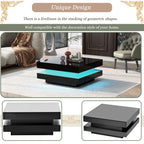 ON-TREND High Gloss Minimalist Design with LED Lights, 2-Tier Square Coffee Table, Center Table for Living Room, 31.5''x31.5''x14.2'',Black - Grand Goldman Shop
