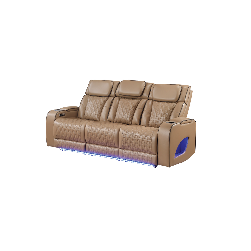 Fortuner Power Reclining 3Pc Living Room Set in Caramel Faux Leather with LED Lights, Massage Function, Bluetooth Speakers and Wireless Charging - Grand Goldman Shop