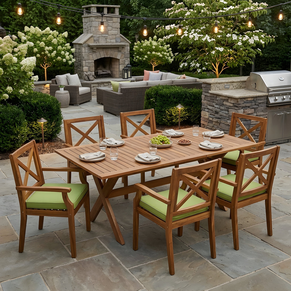7 Pieces Acacia Wood Outdoor Dining Set with Green Cushions,Modern 6 Chairs  1 Large Table,Dining Furniture Set for Lawn, Backyard, Garden Deck,Poolside,Teak