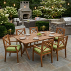 7 Pieces Acacia Wood Outdoor Dining Set with Green Cushions,Modern 6 Chairs  1 Large Table,Dining Furniture Set for Lawn, Backyard, Garden Deck,Poolside,Teak