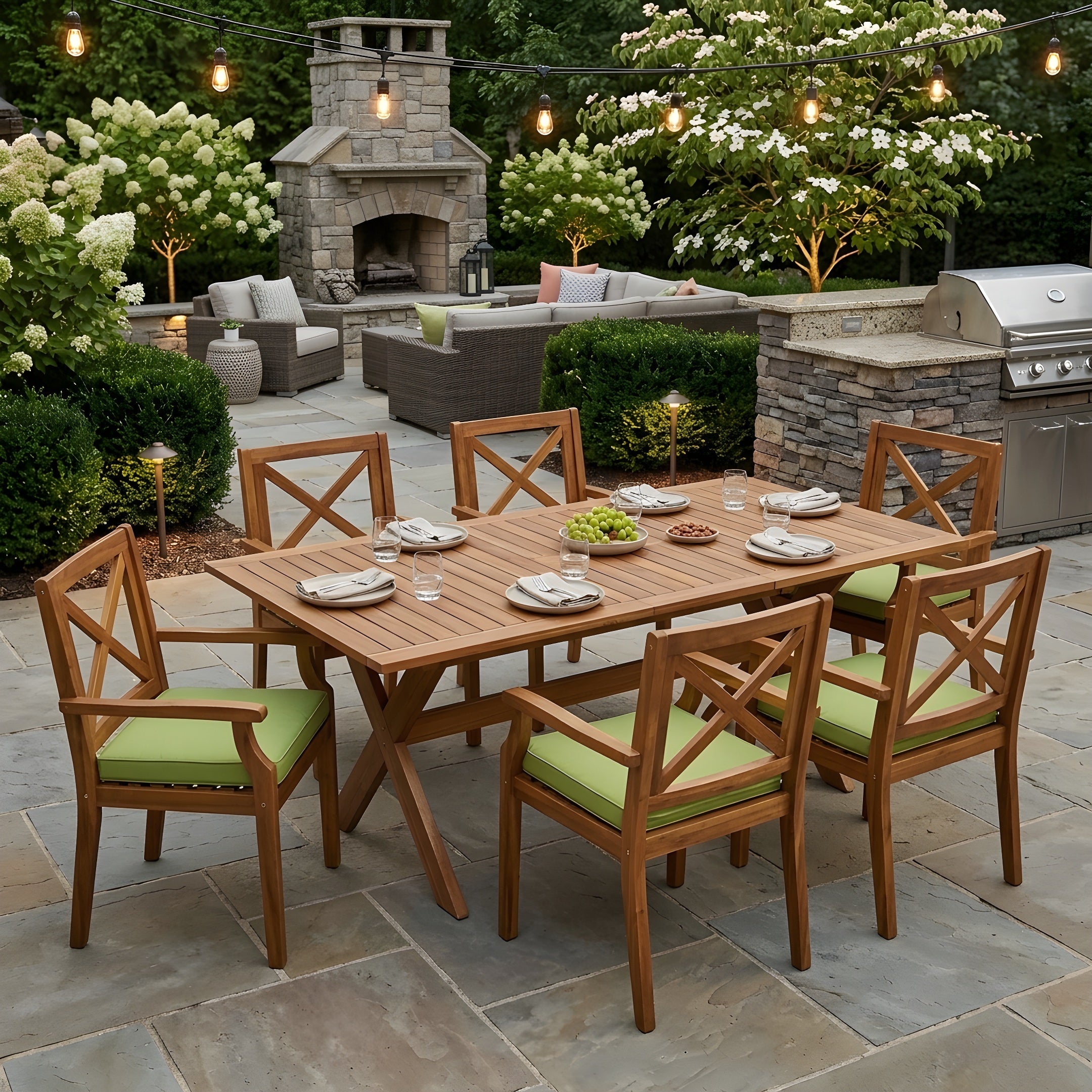 7 Pieces Acacia Wood Outdoor Dining Set with Green Cushions,Modern 6 Chairs  1 Large Table,Dining Furniture Set for Lawn, Backyard, Garden Deck,Poolside,Teak