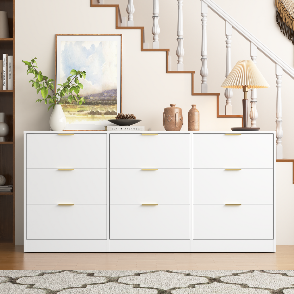 White 9 Drawer Dresser, 63' Large Deep Chest of Drawers, Wooden Dresser Storage Cabinet with 9 Drawers for Bedroom, Long Dressers for Living Room, Hallway - Grand Goldman Shop