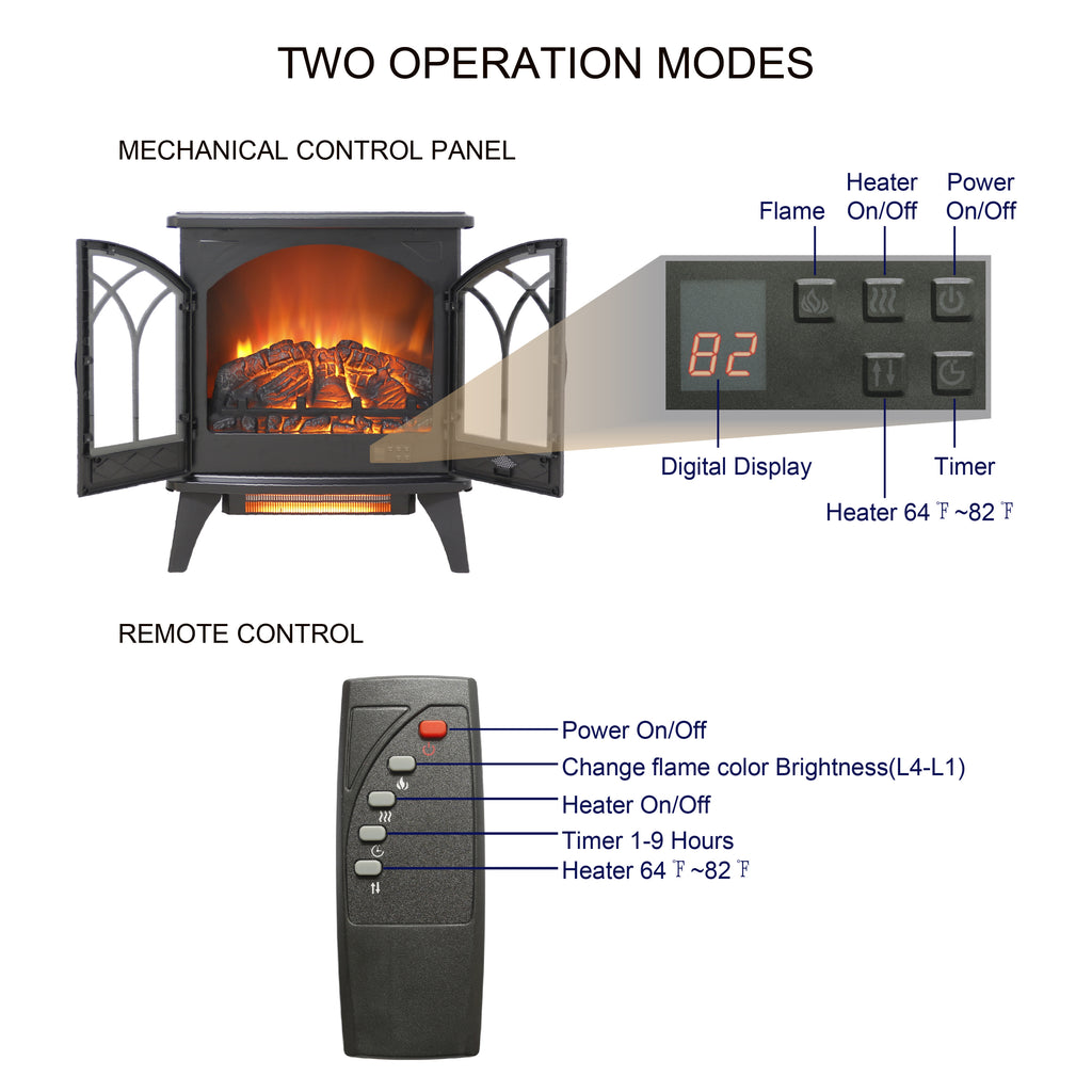 Classical 24-Inch 3D Flame Electric Infrared Quartz Fireplace Stove with Remote Control, Antique Black, Tempered Glass & Sheet Metal - Grand Goldman Shop