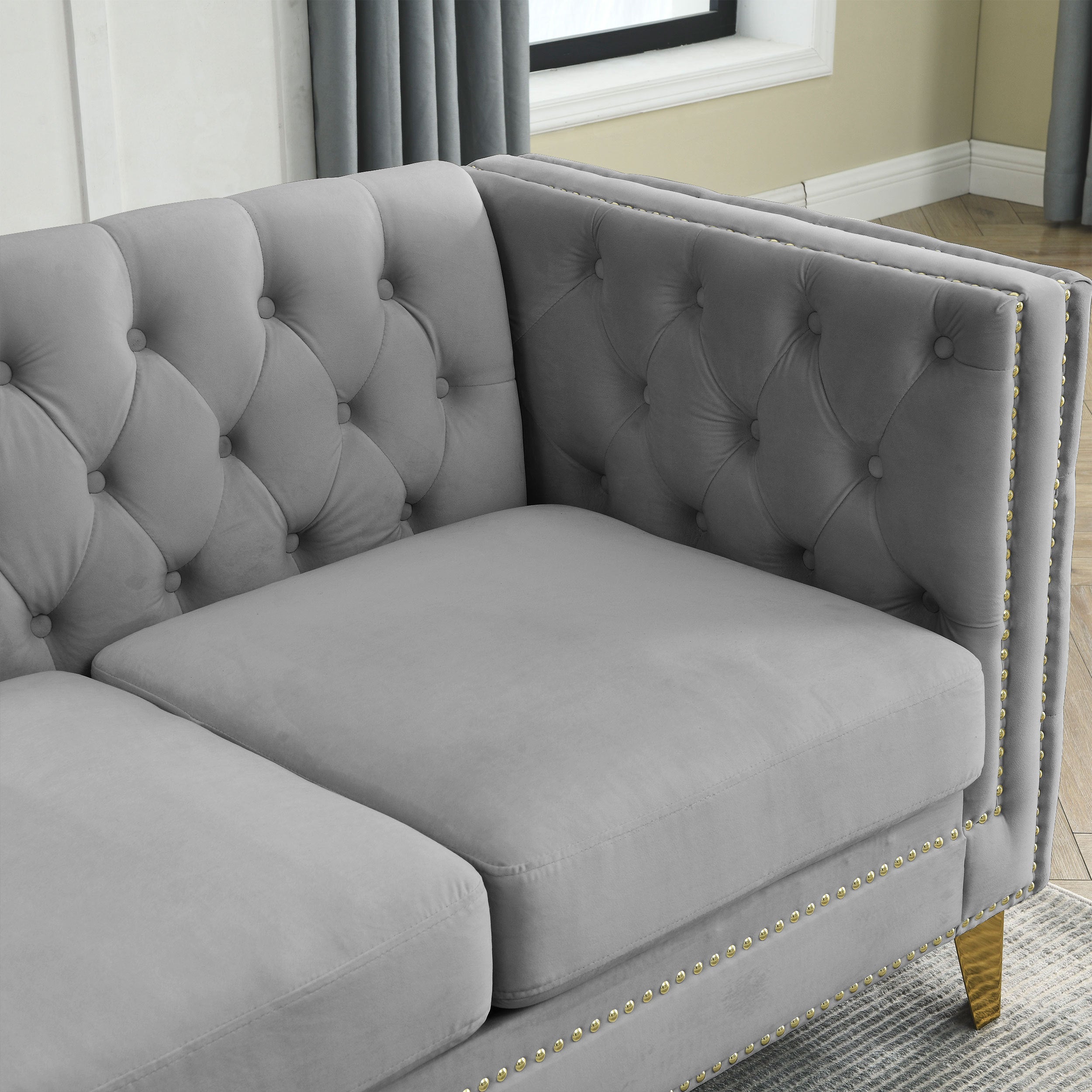 Modern Velvet Sofa with Button Tufting and Metal Legs, Grey Upholstered Couch for Living Room or Bedroom, 3-Seater, Solid Wood Frame, Soft Cotton-Filled Cushions - Grand Goldman Shop