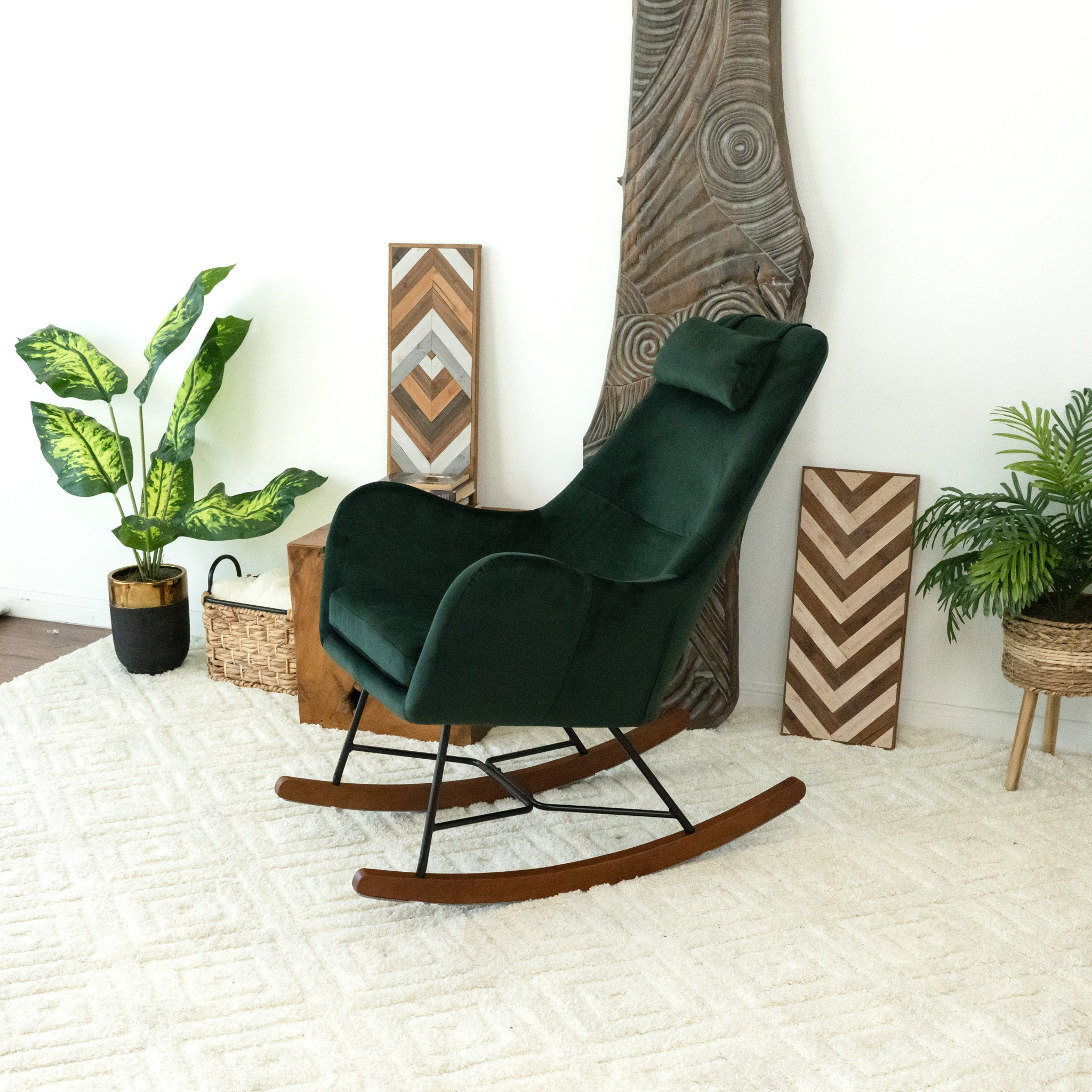 Chelsea Velvet Rocking Chair in Green with Comfortable Design for Home and Nursery for Living Room Bedroom Waiting Room 38.5'H x 27.5'W x 36'D - Grand Goldman Shop
