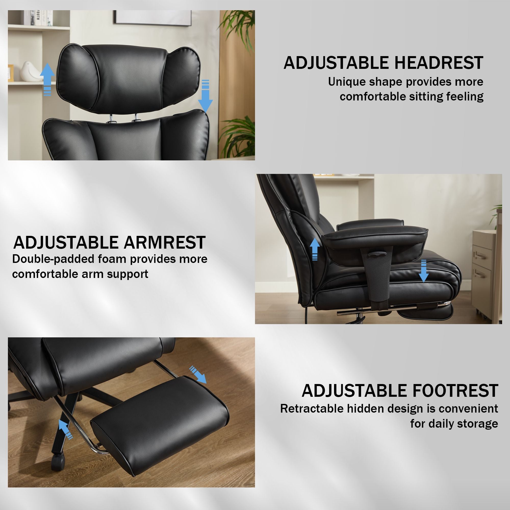 Office Chair with Foot Rest and Waist Lumber Support, Ergonomic Gaming Chair with Adjustable Height Headrest, High-Back Leath