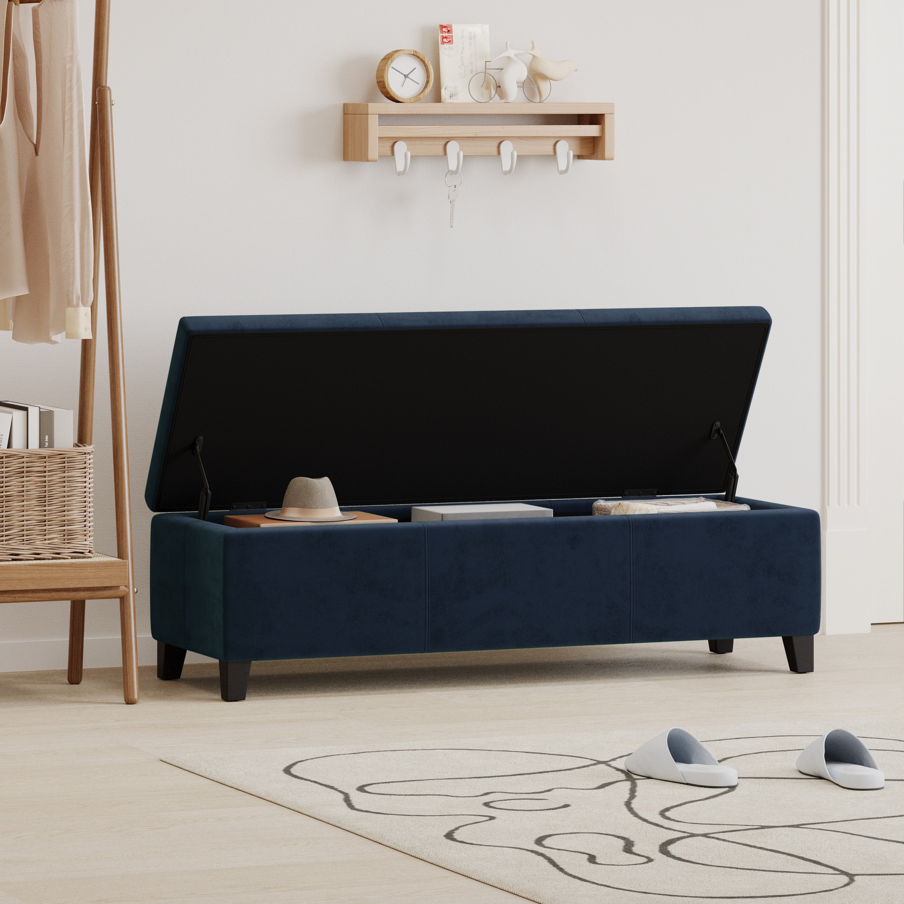 Indoor Dark Blue Storage Ottoman Bench - 51.25''L Upholstered Entryway Bench with Hidden Storage, 300lbs Weight Capacity for Living Room, Bedroom & Hallway - Grand Goldman Shop