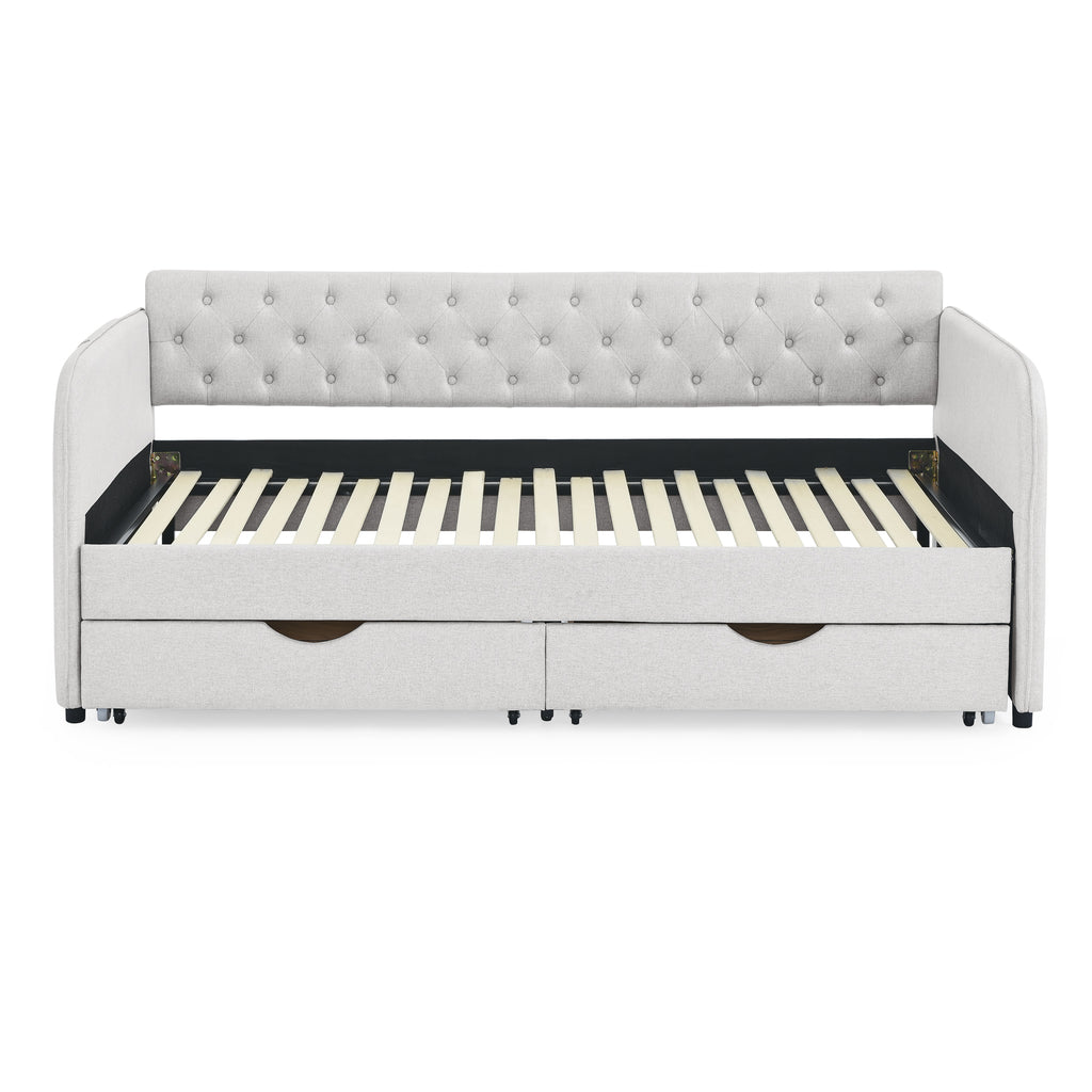 Linen Beige Twin Size Upholstered Daybed with Trundle and Storage Drawers, Flat Arms with Pocket, Extendable for Bedroom or Living Room - Grand Goldman Shop