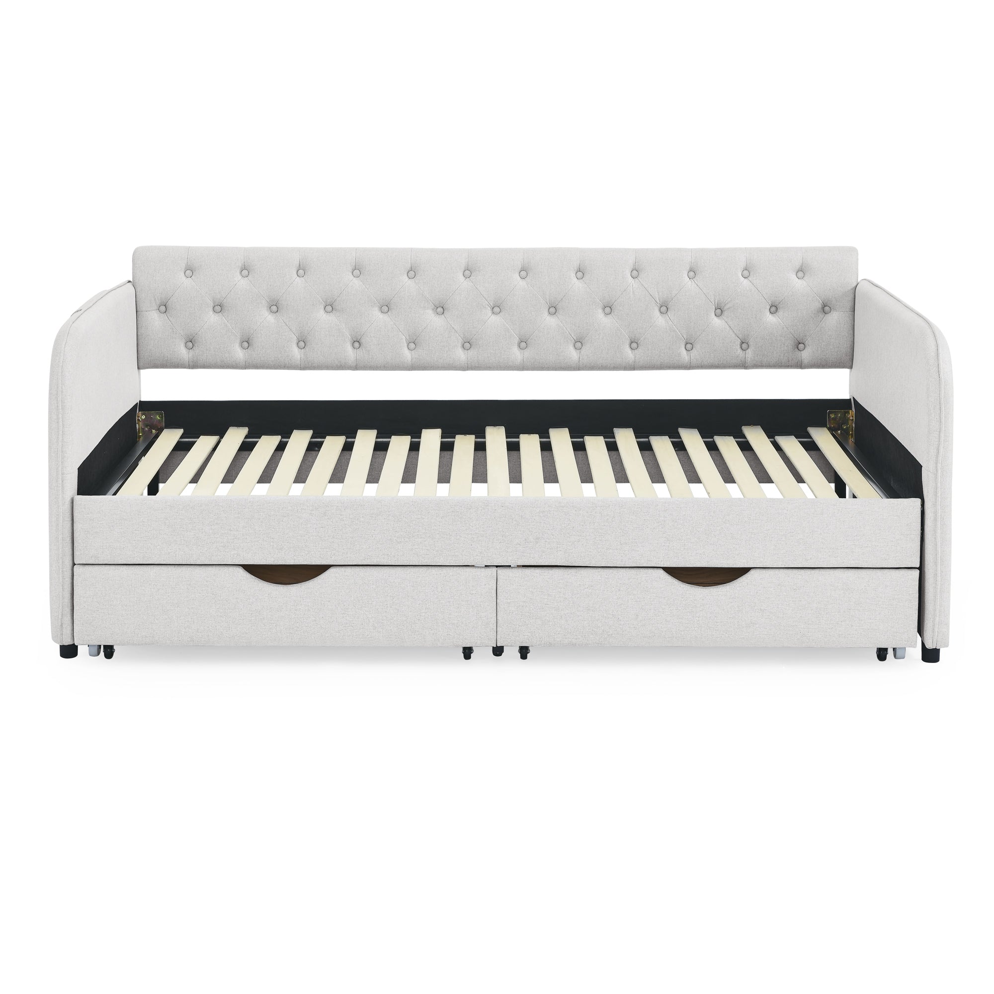 Linen Beige Twin Size Upholstered Daybed with Trundle and Storage Drawers, Flat Arms with Pocket, Extendable for Bedroom or Living Room - Grand Goldman Shop
