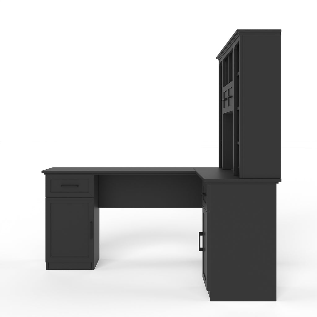 L-shaped computer desk with 2 cabinets and 2 drawers underneath the table, 11 open shelves and a flip-up shelf with storage o
