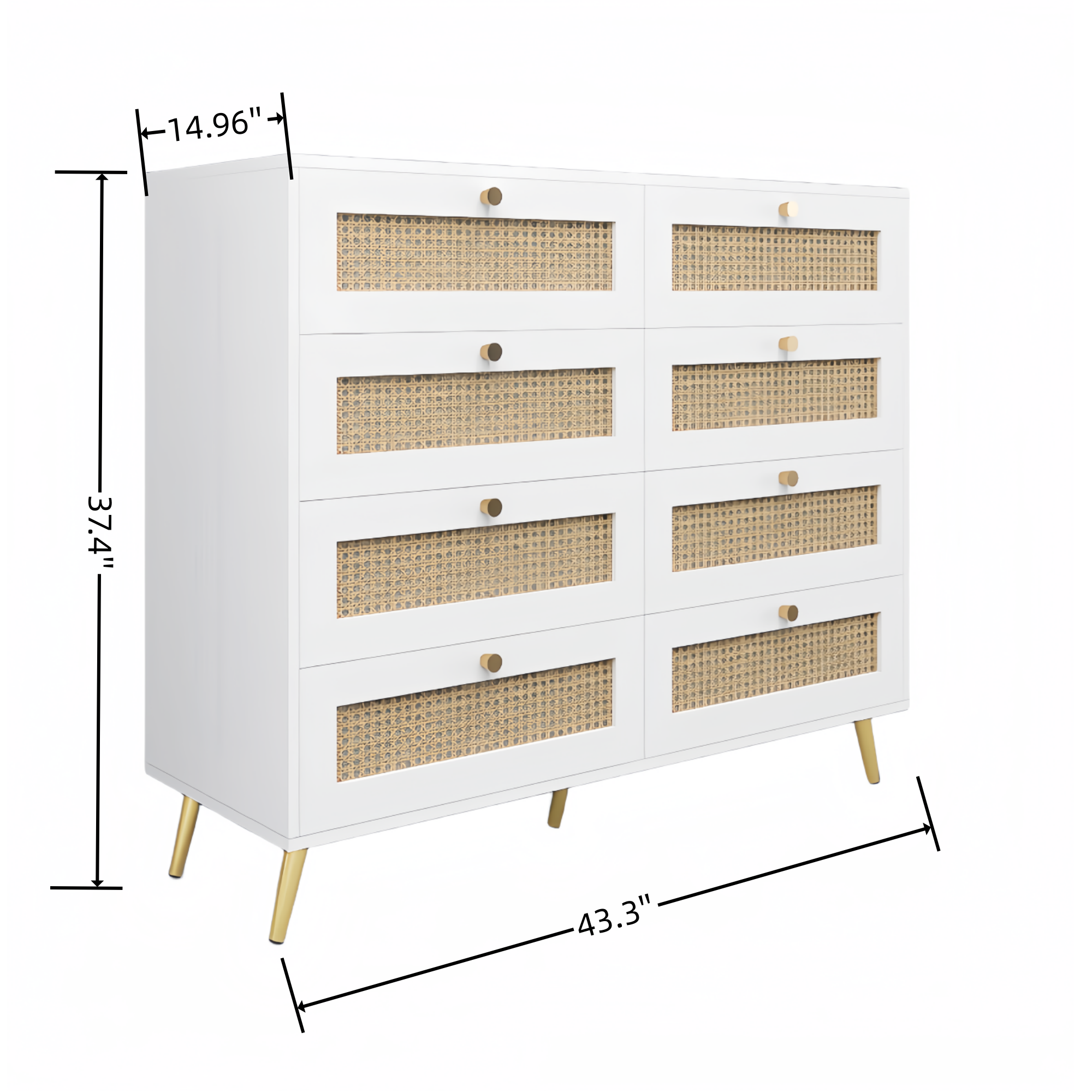 White Color 8 Drawers Chest of Drawers with Rattan Drawer Face Golden Legs and Handles - Grand Goldman Shop
