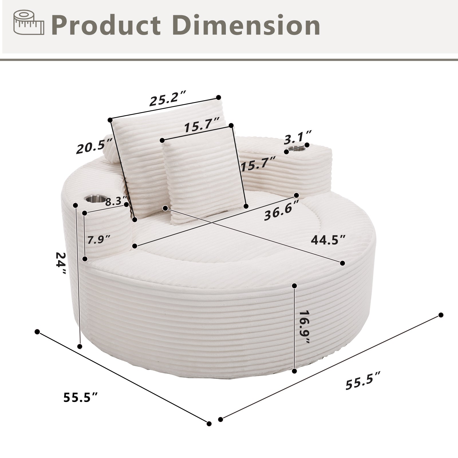 Round Sofa Bed with Memory Foam Sectional Couches for Living Room, Cloud Couch with three pillows, White - Grand Goldman Shop