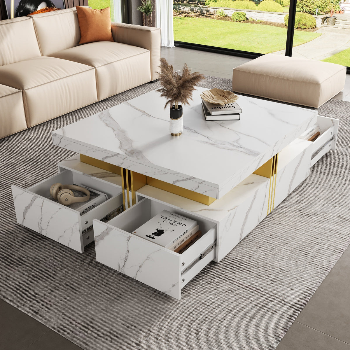 Modern White Square Storage Coffee Table with 4 Drawers - Grand Goldman Shop