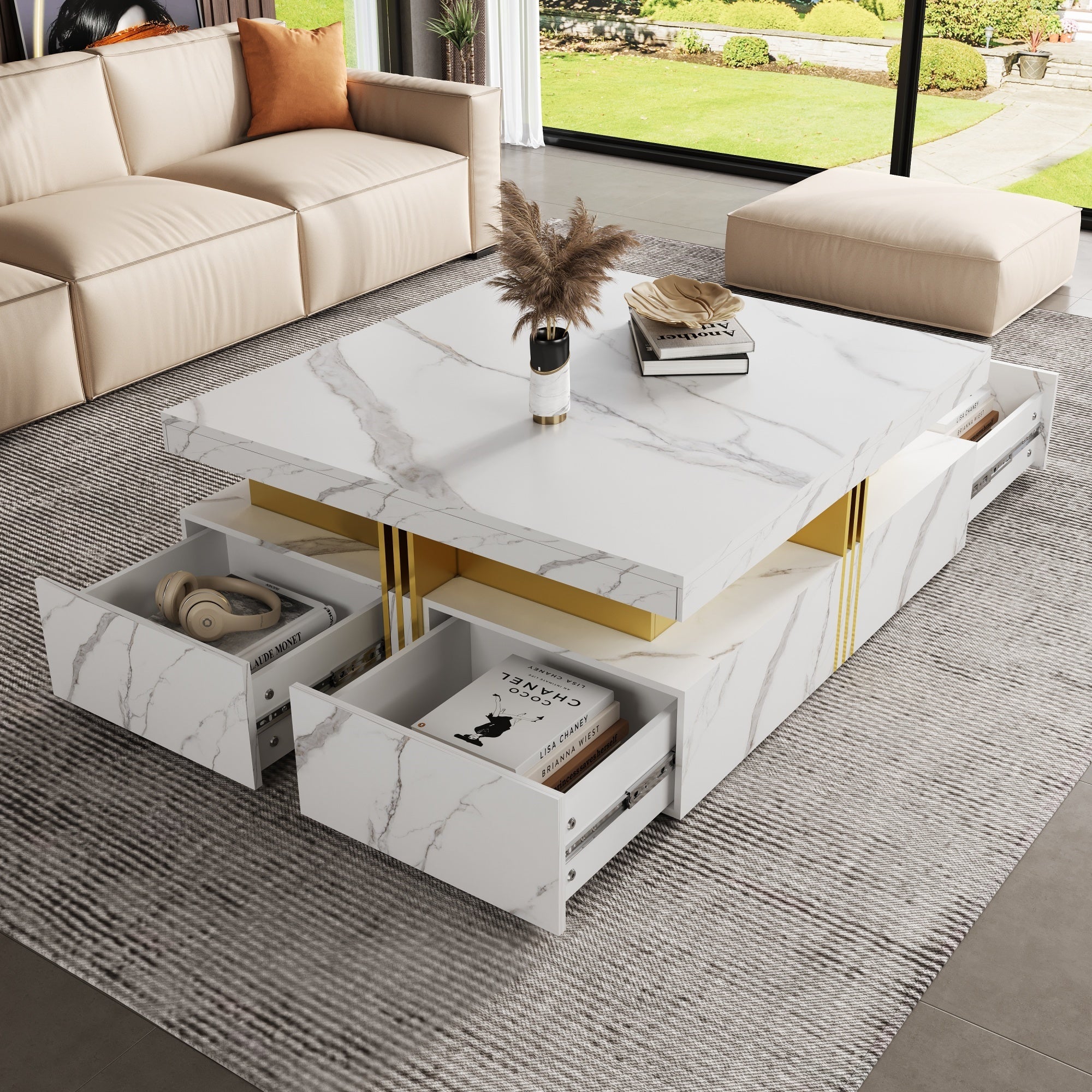 Modern White Square Storage Coffee Table with 4 Drawers - Grand Goldman Shop