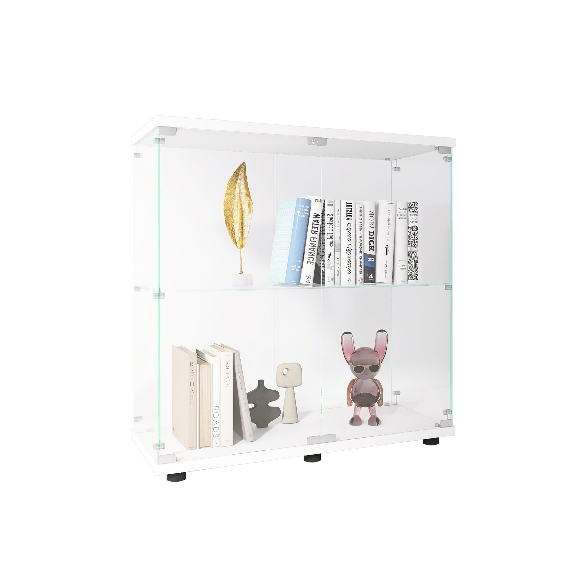 Two-door Glass Display Cabinet 2 Shelves with Door, Floor Standing Curio Bookshelf for Living Room Bedroom Office, 33.35'*31.