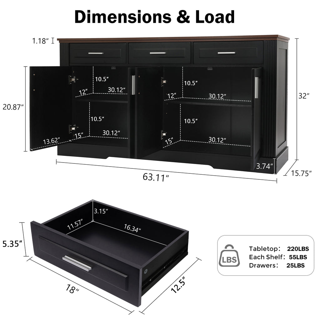 Black Fluted Sideboard Buffet Cabinet with 4 Doors and 3 Drawers, Modern Wood Kitchen Storage Console Table for Living Room Dining Room Entryway, 63' - Grand Goldman Shop