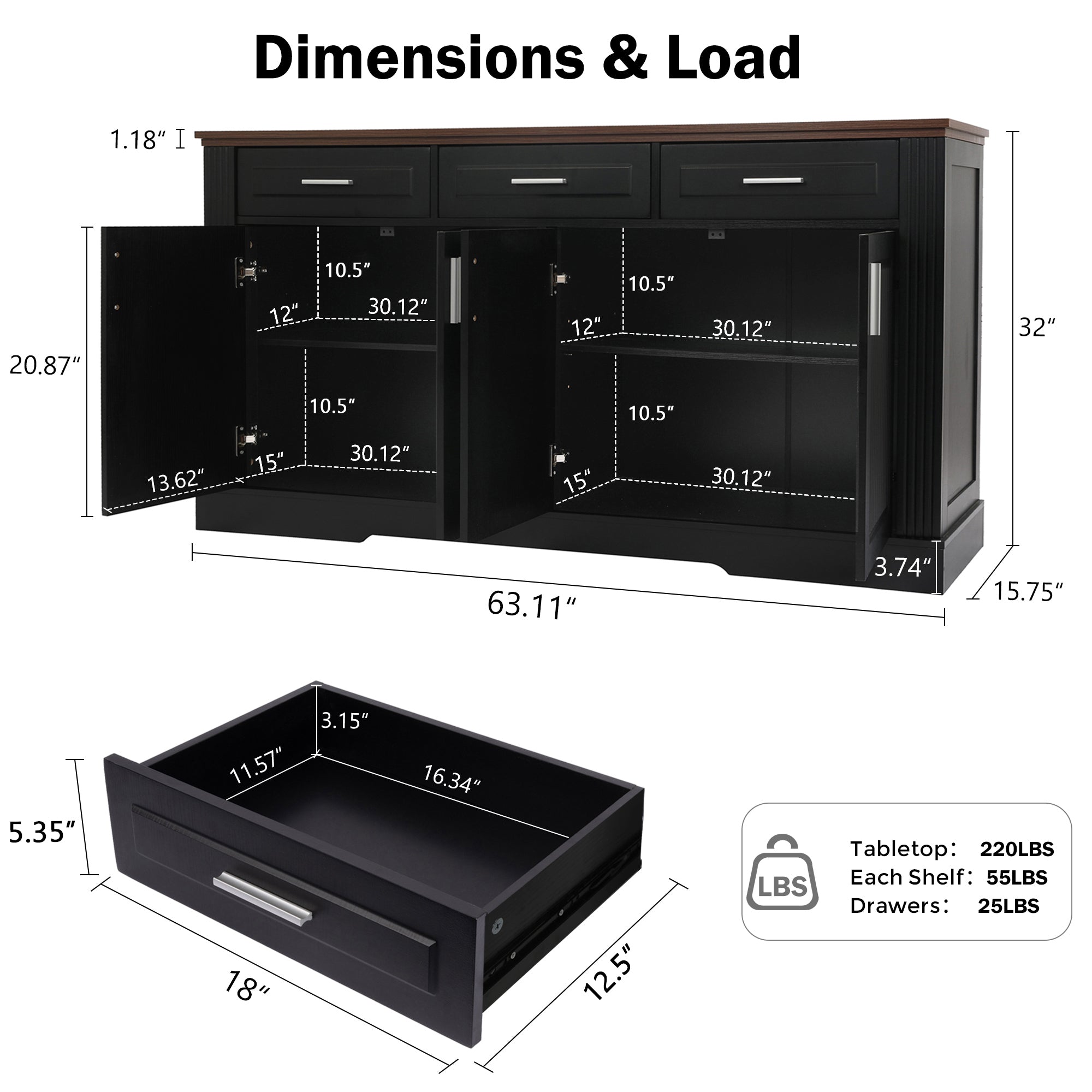 Black Fluted Sideboard Buffet Cabinet with 4 Doors and 3 Drawers, Modern Wood Kitchen Storage Console Table for Living Room Dining Room Entryway, 63' - Grand Goldman Shop