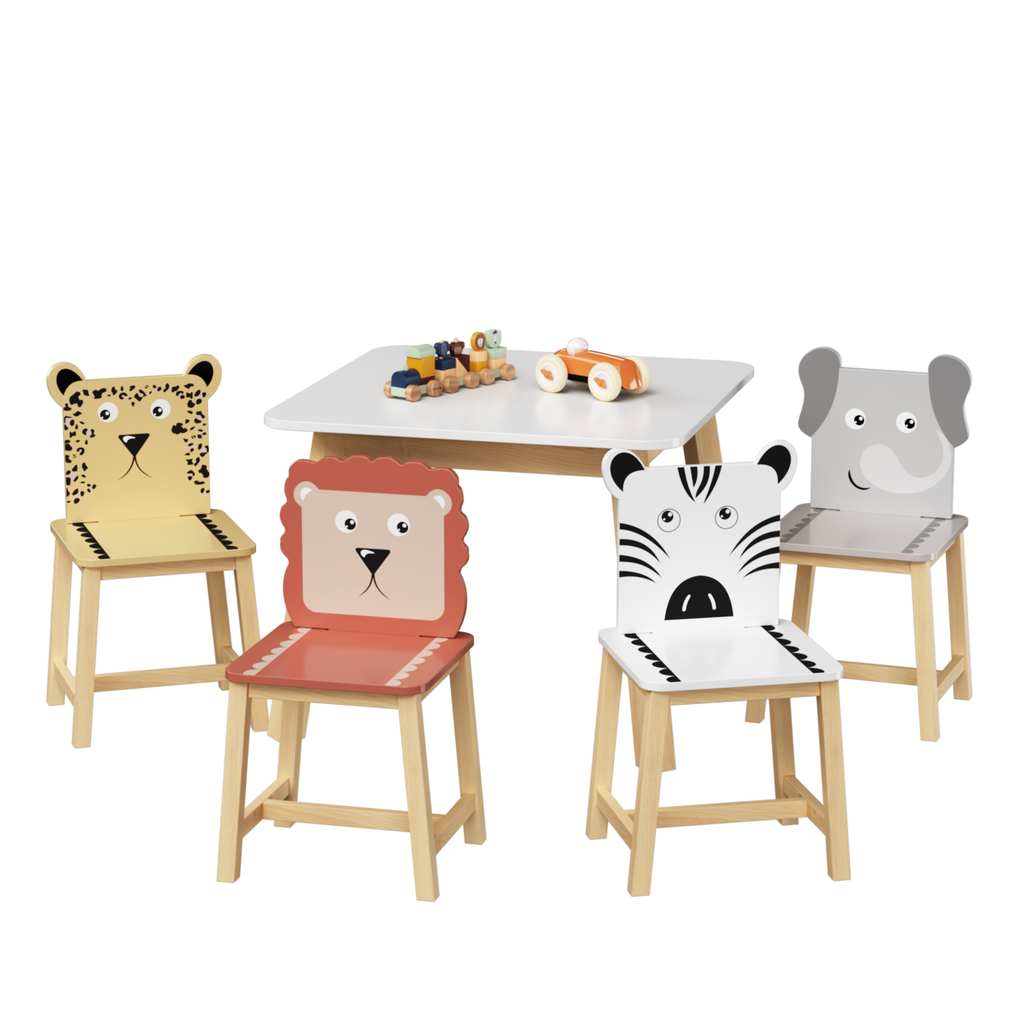 Kids Wood Table and Chair Set with Cartoon Animals Design, White Solid Wood & MDF Furniture for Ages 3-8, 5-Piece Table and C