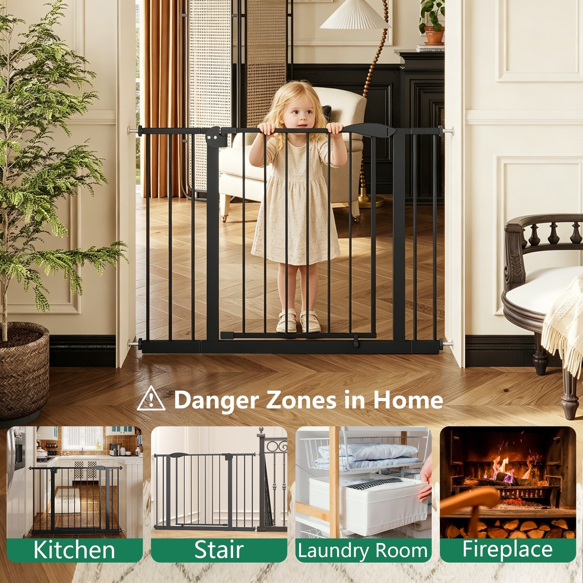 Black Pressure-Mounted Baby Gate for Stairs and Doorways, 29.5-44.1' Wide, Steel and ABS Construction, Easy Walk-Through Safe