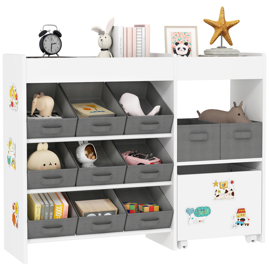 Qaba Toy Storage Organizer with 6 Shelves and 11 Fabric Bins, Moveable Cabinet and 3 Stickers, Toy Organizer for Nursery, Pla