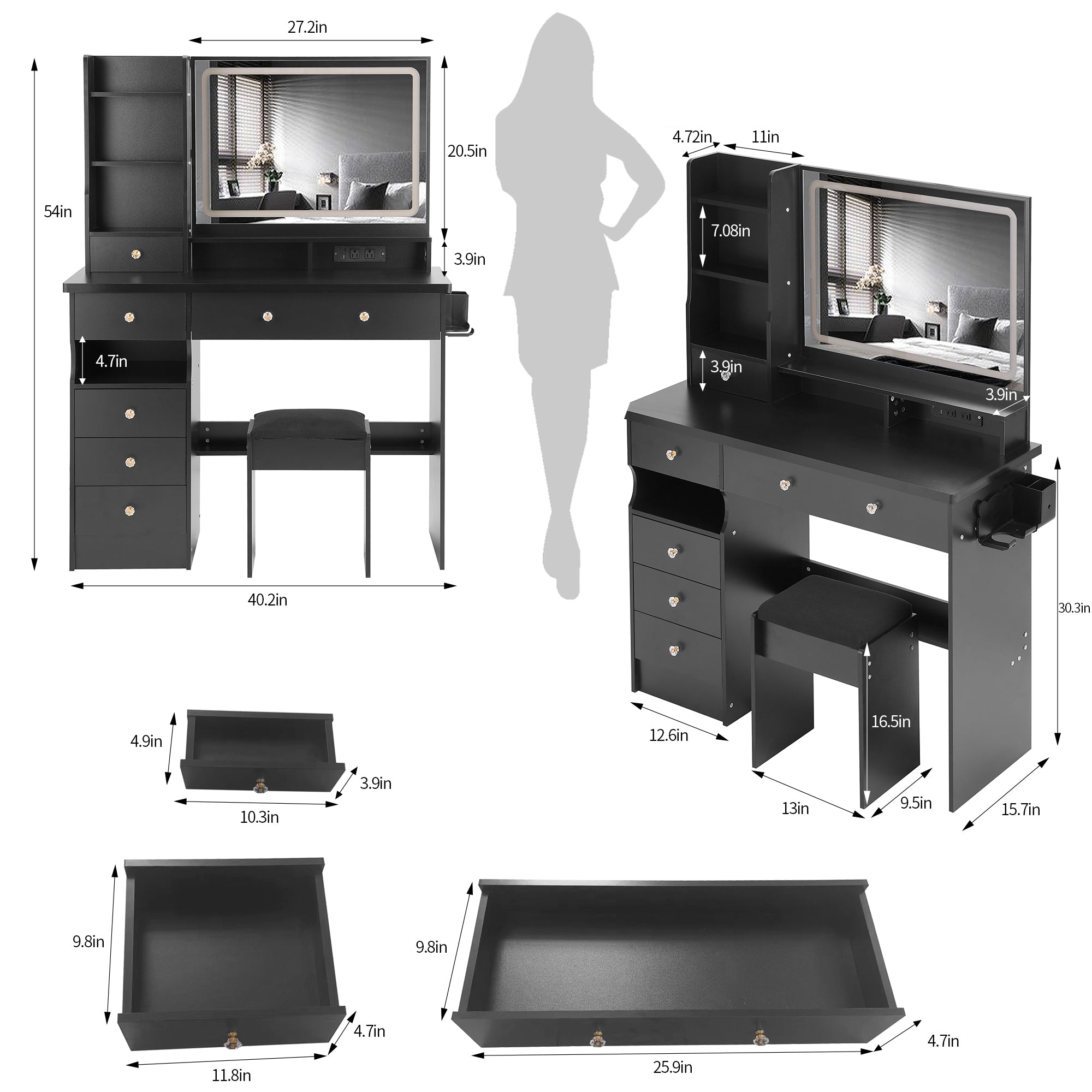 41' Large Size Left Drawer Desktop Vanity Table+Cushioned Stool Dresser Set, 2 AC+2 USB Power Station, Hair Dryer Stand, Extra Large Touch Control LED Mirror, 3-color Switch, EPA, GCC, UL Certificate - Grand Goldman Shop