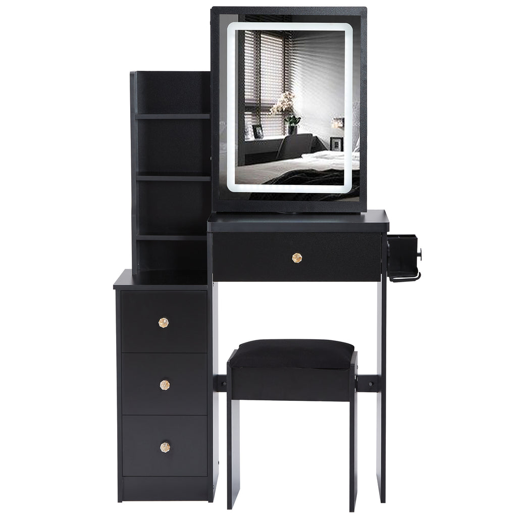 29.2' Small Size Bedside Cabinet Vanity Table + Cushioned Stool, 2 AC+2 USB Power Station, Hair dryer bracket, Extra Large Touch Control Sliding LED Mirror, 3-color Switching, EPA, GCC, UL Certificate - Grand Goldman Shop