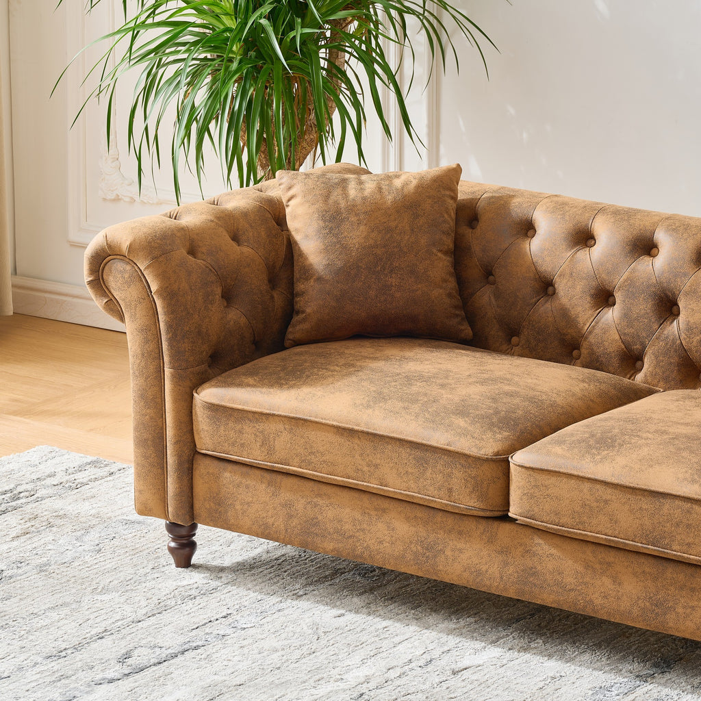 63'Chesterfield ‌tech Fabric Sofa,High-tech Fabric Roll Armrest Sofa,Upholstered Mid Century Modern Couch,2 Seater Couch for Living Room, Office, Apartment, Brown - Grand Goldman Shop