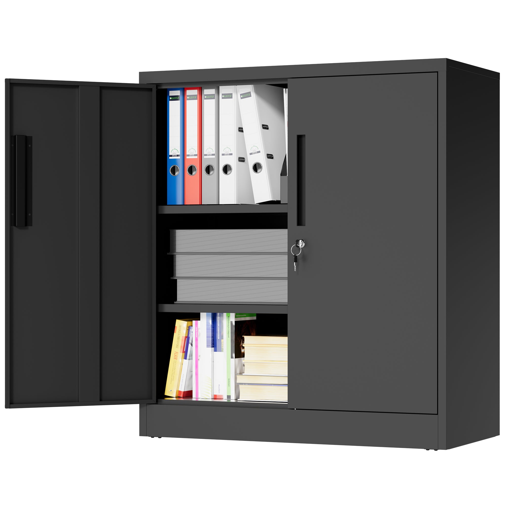 Black Heavy Duty Metal Storage Cabinet with Lock, 2-Door File Cabinet with 2 Adjustable Shelves for Home, Office, Garage (35.