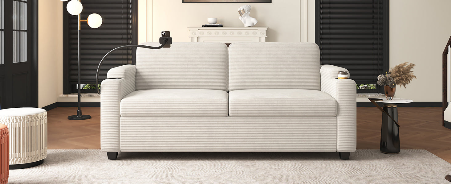 Beige Corduroy Sleeper Sofa Loveseat with Full Size Mattress, USB Ports, Cup Holders, Side Pockets, Phone Holder - Grand Goldman Shop