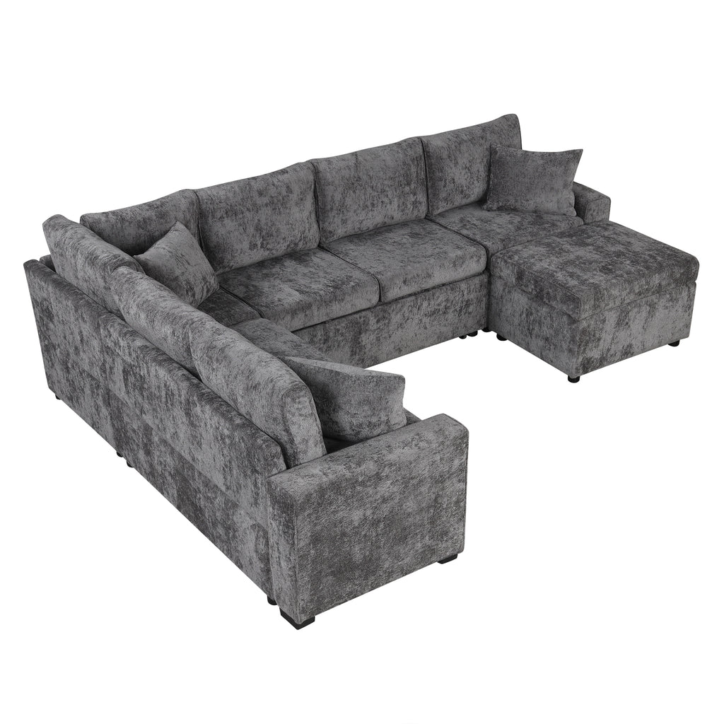 Modern Sectional Sofa Pull-out Sleeper with Storage Ottoman, USB Charging, Grey Tweed Chenille, 112.2' - Grand Goldman Shop