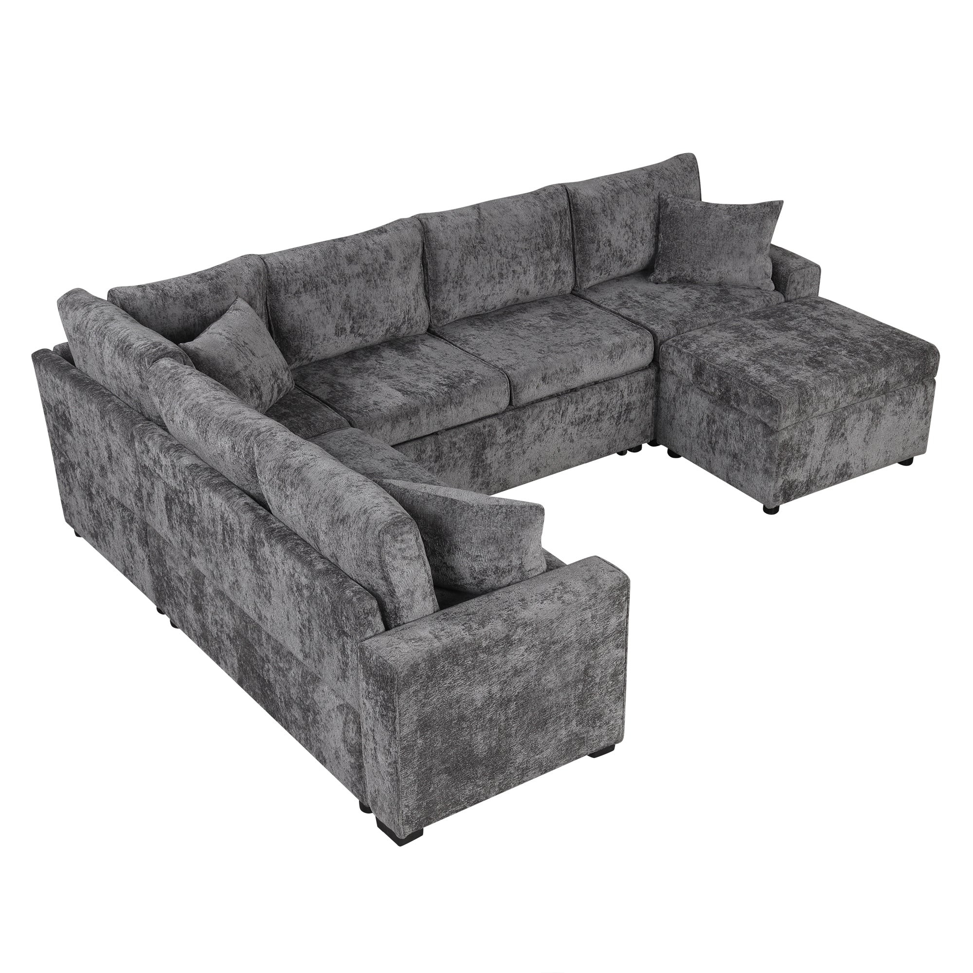 Modern Sectional Sofa Pull-out Sleeper with Storage Ottoman, USB Charging, Grey Tweed Chenille, 112.2' - Grand Goldman Shop
