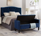 Upholstered Tufted Button Storage Bench with nails trim,Entryway Living Room Soft Padded Seat with Armrest,Bed Bench -Navy - Grand Goldman Shop