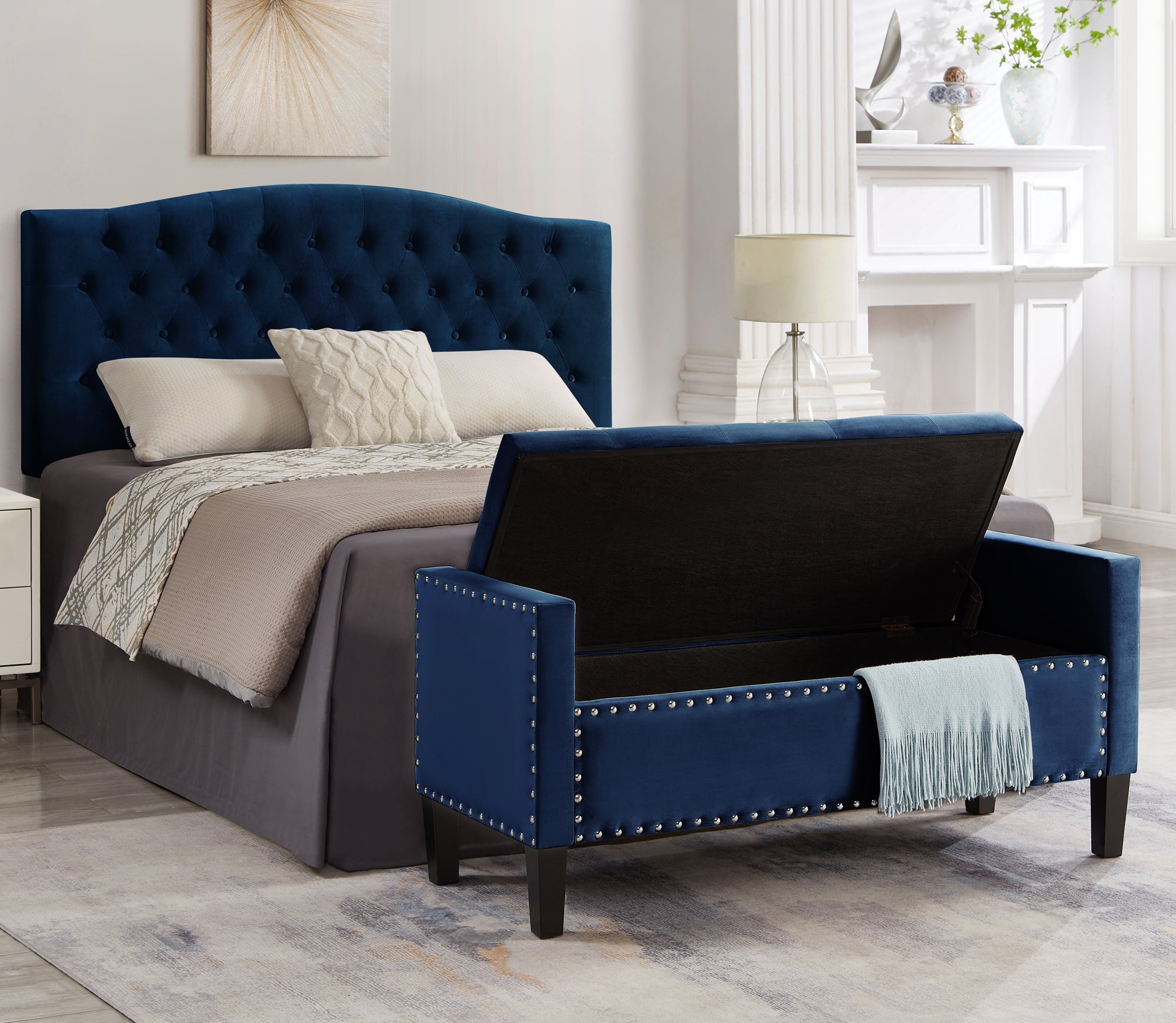 Upholstered Tufted Button Storage Bench with nails trim,Entryway Living Room Soft Padded Seat with Armrest,Bed Bench -Navy - Grand Goldman Shop