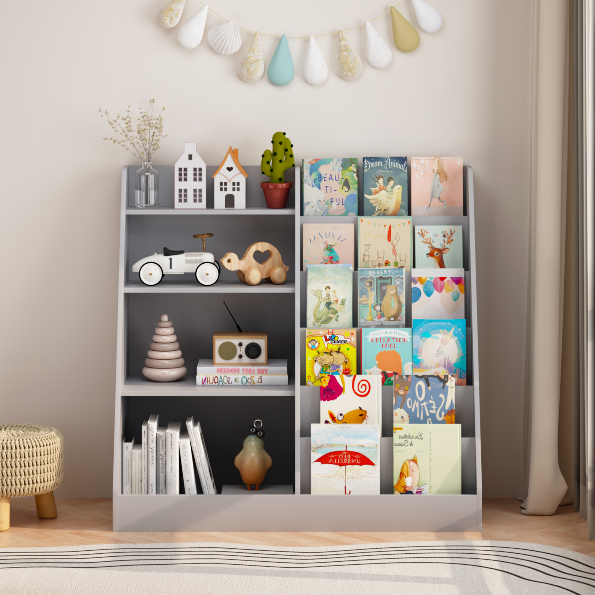 Kids Bookshelf and Toy Storage Organizer, Multifunctional 4 Tier Wooden Kids Book Shelf with  Bookcase Display Stand in Kids 