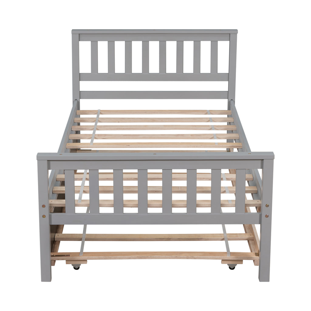 Twin Bed with Trundle, Platform Bed Frame with Headboard and Footboard, for Bedroom Small Living Space,No Box Spring Needed,Grey - Grand Goldman Shop