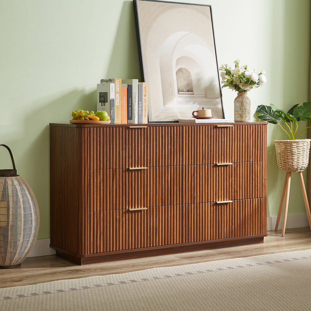 6 Drawers Dresser,55' Wide Modern Chest of Drawers Curved wave Design, Dresser TV Stand, Wood Drawer Organizer for Bedroom, Living Room, Hallway, Walnut,55.12''W x 15.75''D x 31.5''H. - Grand Goldman Shop