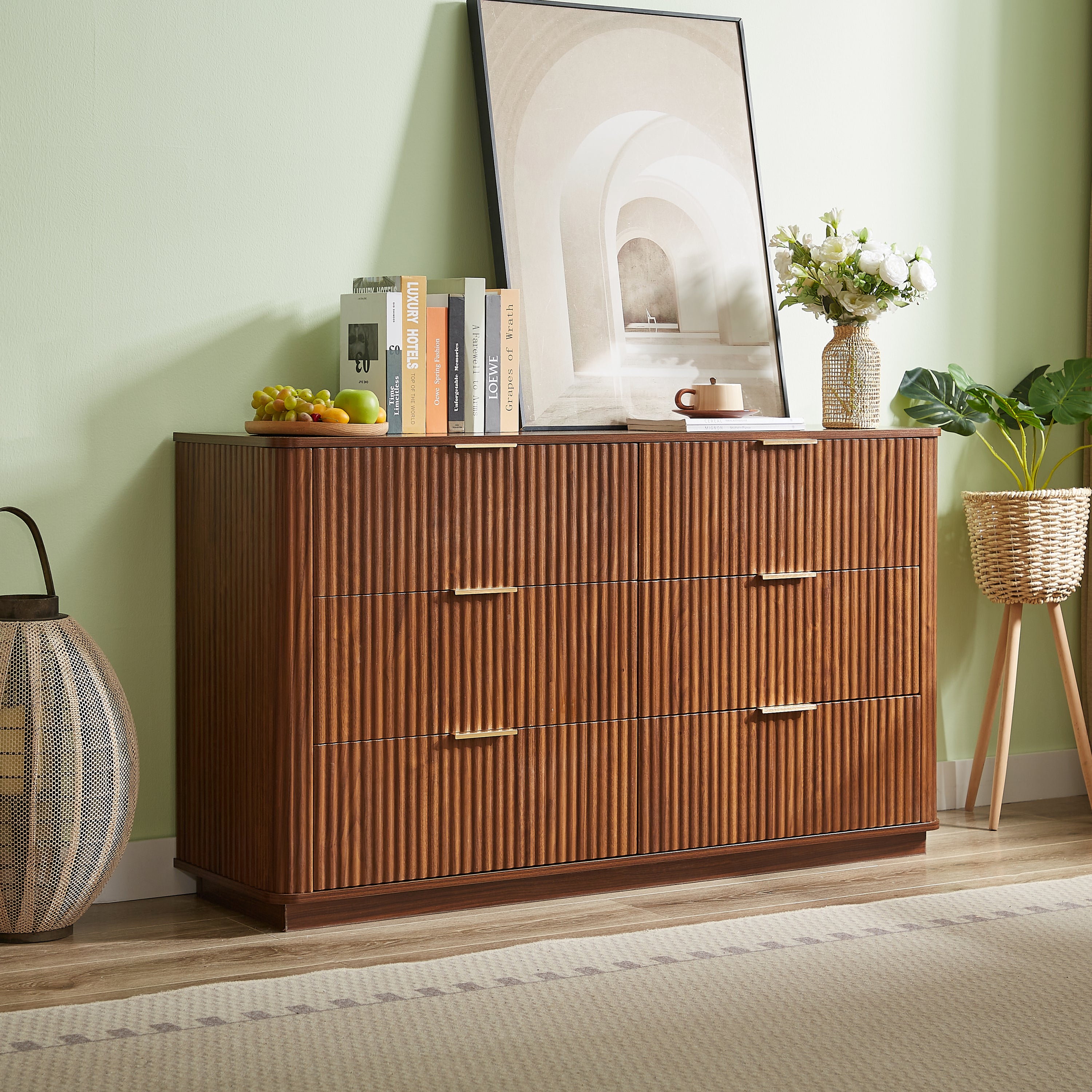 6 Drawers Dresser,55' Wide Modern Chest of Drawers Curved wave Design, Dresser TV Stand, Wood Drawer Organizer for Bedroom, Living Room, Hallway, Walnut,55.12''W x 15.75''D x 31.5''H. - Grand Goldman Shop
