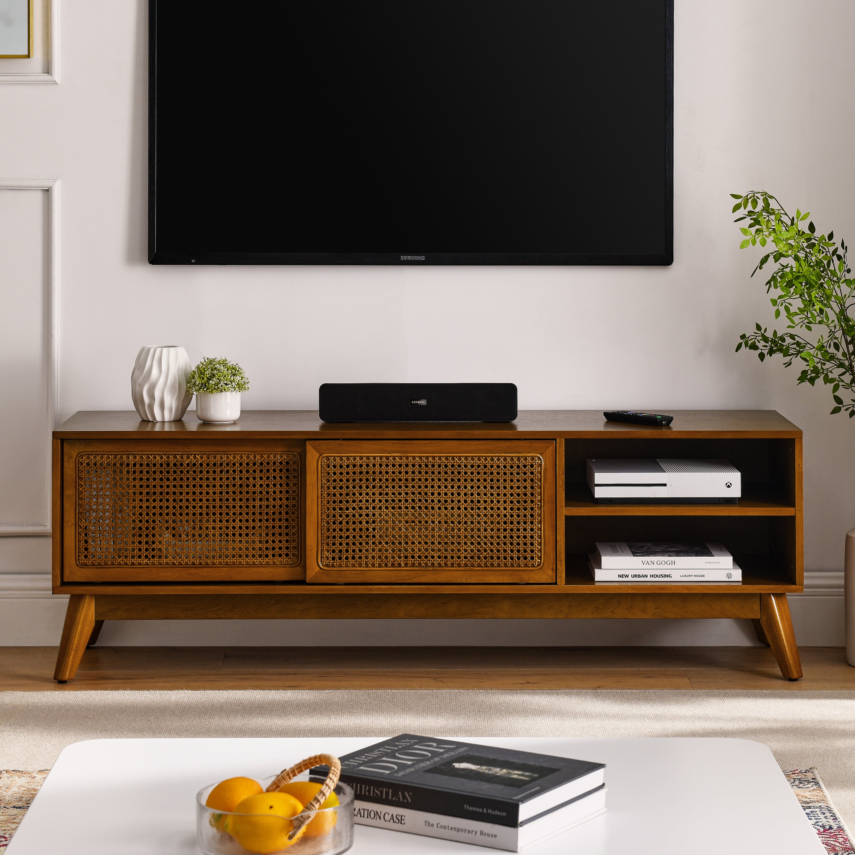 59 Inch Mid Century Modern Rattan TV Stand for 65 Inch TV, Entertainment Cabinet, Media Console for Living Room Media Room, Solid Wood Feet & Rattan Cabinet Doors - Light Wood - Grand Goldman Shop